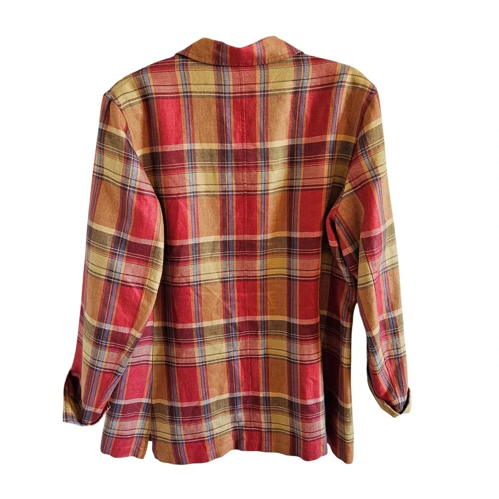 Faconnable Albert Goldberg Womens Red Plaid 100% Linen Blazer Jacket Large